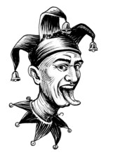Laughing Jester With His Tongue Out. Ink Black And White Drawing