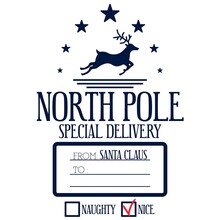 Christmas Design For A Personalized Gift Bag From Santa Claus. North Pole Special Delivery For. Naughty Or Nice Checkboxes, Reindeer And Stars. Template For Xmas Handmade Gifts. Vector Illustration.