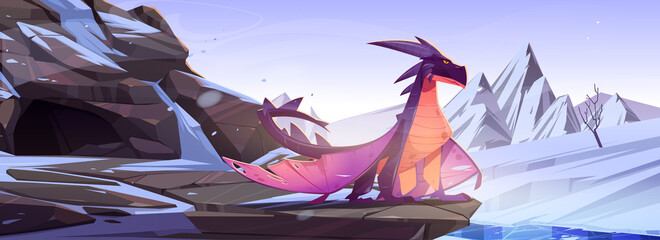 Winter dragon sitting on rock at snowy mountains landscape. Cartoon fantasy character, magic creature observe territory. Fairytale flying animal, book or computer game personage, Vector illustration