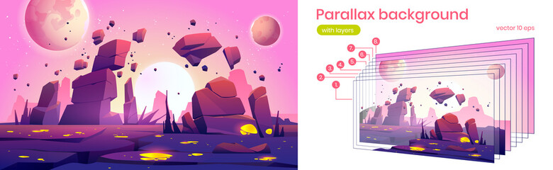 Wall Mural - Alien planet landscape with rocks, cracks and glowing spots. Vector parallax background for 2d animation with cartoon fantasy illustration of cosmos with sun and moons and planet surface