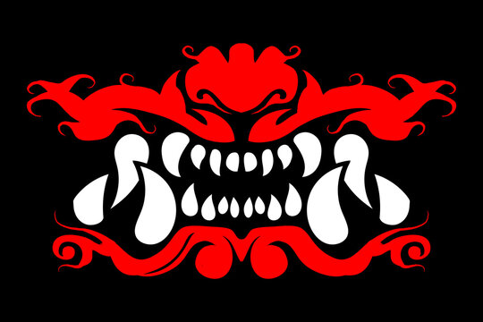 Red and white Japanese demon jaws vector illustration on black background. EPS 10