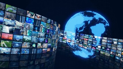 Poster - Movie screen and global communication network concept. Broadcasting.