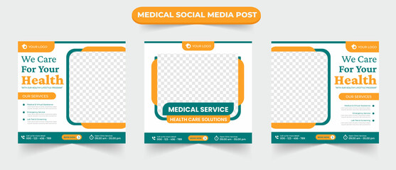 Wall Mural - Collection of medical healthcare service social media post square template design for hospital doctor clinic and dentist health business marketing ads banner