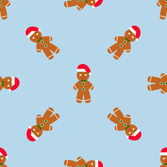 Wall Mural - Gingerbread man is decorated in Xmas hat on blue background. Seamless vector pattern for new year s day, Christmas, winter holiday, cooking, new year s eve. Cute Xmas background.