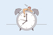 Tired young man sleep doze on huge clock feel overwhelmed. Exhausted male fall asleep nap on watch, need relaxation. Tiny people. Overwork, burnout, fatigue concept. Flat vector illustration. 