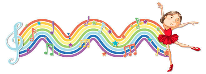 Wall Mural - Ballerina with melody symbols on rainbow wave