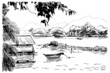 Sketch of boat and house on river in Southeast Asia, Hand drawn vector illustration
