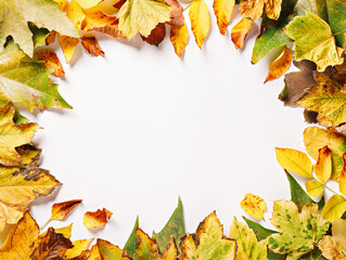 Canvas Print - Frame made of dry autumn leaves on a white background. Creative fall natural concept. Border made of natural forest leaves with blank copy space. Seasonal advertisement idea. Flat lay, top view.