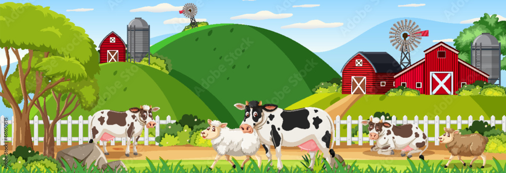 Farm horizontal landscape scene with farm animals Stock Vector | Adobe ...