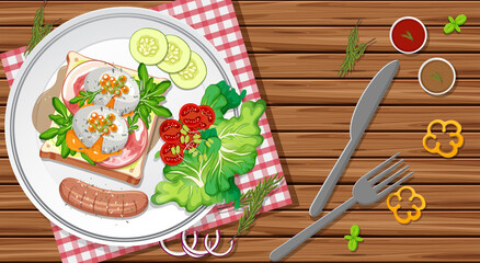 Wall Mural - Breakfast set in a dish in cartoon style on the table