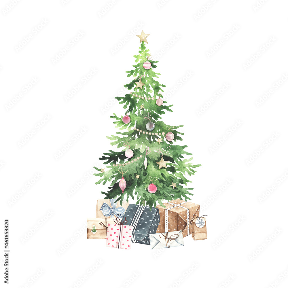 Christmas tree with colorful balls, confetti, star and gift boxes ...