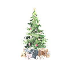 christmas tree with colorful balls, confetti, star and gift boxes, watercolor holiday illustration i