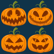 Set Of Four Pumpkins For Halloween On Dark Blue Background. Vector Illustration
