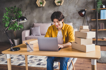 Sticker - Photo of confident guy sit desktop work netbook typing buy online box wear yellow shirt home indoors