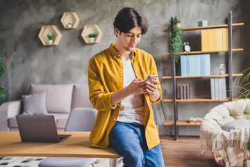 Sticker - Photo of cheerful businessman hold telephone look screen chatting texting wear yellow shirt home indoors