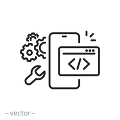 mobile software icon, phone system development, react user, configure application, thin line symbol on white background - editable stroke vector illustration eps10