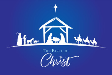 Nativity scene white silhouette Jesus in manger shepherd and wisemen on blue background. The Birth of Christ elegant lettering card. Christmas story Mary Joseph and baby Jesus, vector illustration