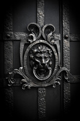 Wall Mural - Decorative decoration of a metal gate with a door handle in the form of a lion in gray tones, close-up