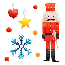 A Set Of Colorful Christmas Illustrations Snowflake, Nutcracker, Sequins, Decorations For The Christmas Tree Heart And Star