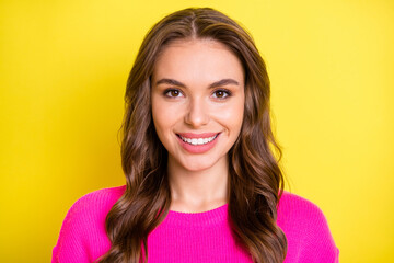 Canvas Print - Photo of young attractive girl happy positive toothy smile veneers stomatology isolated over yellow color background