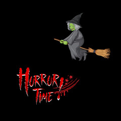 Wall Mural - Halloween Horror Time font logo with witch cartoon character