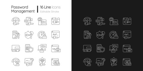 Canvas Print - Password management linear icons set for dark and light mode. Smartphone and computer safeguard. Online privacy. Customizable thin line symbols. Isolated vector outline illustrations. Editable stroke