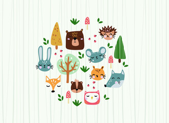 Cute background with forest animals, birds and trees in cartoon style