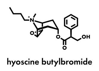 Wall Mural - Butylscopolamine (hyoscine butylbromide, scopolamine butylbromide, butylhyoscine) drug molecule. Used in treatment of abdominal and menstrual cramps. Skeletal formula.