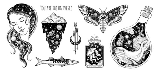 Wall Mural - Tattoo art. Vector surreal astrology. Universe space tattoo print. Magic astronomy graphic with moon, star, moth, girl, whale, jellyfish. Sketch boho mystic illustration. Vintage esoteric surreal art