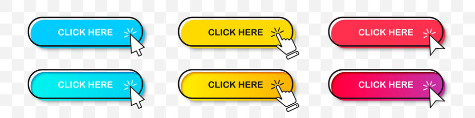 Click Here buttons collection with cursor pointer in two styles. Flat design and gradient with shadow. Set of digital web button on a transparent background