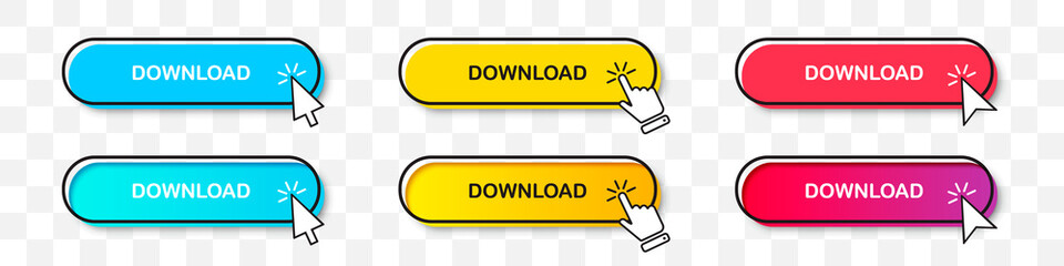 Aufkleber - Download buttons collection with cursor pointer in two styles. Flat design and gradient with shadow. Set of digital web button on a transparent background