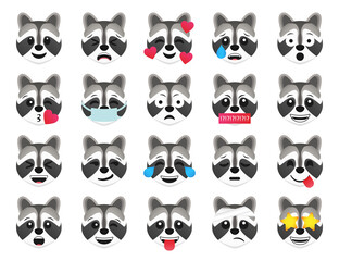 Wall Mural - Racoon emoticon smile icons collection. Cartoon racoon emoji set. Vector emoticon set