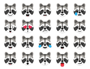 Wall Mural - Racoon emoticon smile icons collection. Cartoon racoon emoji set. Vector emoticon set