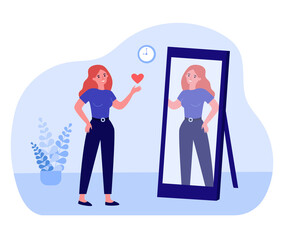 Wall Mural - Woman looking in mirror and sending heart to reflection. Confident happy female character flat vector illustration. Self love and confidence concept for banner, website design or landing web page