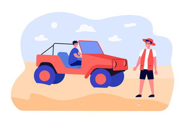 Men travelers on car on desert tour. Tourists traveling African savannah on vehicle. Summer group vacation. Wildlife reservation, holiday concept. Cartoon vector flat illustration.