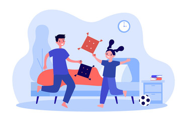 Wall Mural - Naughty children in pillow fight at home. Game battle between mischievous kids flat vector illustration. Child discipline, active home play concept for banner, website design or landing web page