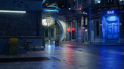 Poster - 3D rendering of a dark futuristic urban street scene at night in a seedy cyberpunk city.