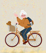 Smiling grandma rides a bicycle. On the back is a backpack with a bottle of water. There is a dog sitting in the basket. The concept of longevity and a healthy lifestyle. Illustration in flat style