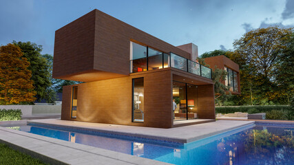 Wall Mural - Big contemporary villa in light wood with pool and garden in the evening 3