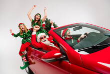 Photo Of Crazy Stylish People Prepare X-mas Ride Car Deliver Presents Wear Costume Isolated White Color Background