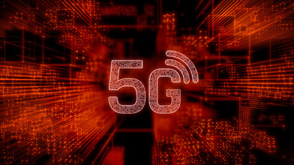 Wireless Technology Concept with 5G symbol against a Futuristic, Orange Digital Grid background. Network Tech Wallpaper. 3D Render 