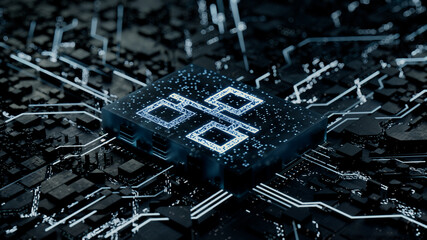 Network Technology Concept with ethernet symbol on a Microchip. Data flows from the CPU across a Futuristic Motherboard. 3D render.