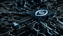 Vision Technology Concept With Eye Symbol On A Microchip. White Neon Data Flows Between The CPU And The User Across A Futuristic Motherboard. 3D Render.