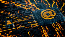 Email Technology Concept With @ Symbol On A Microchip. Orange Neon Data Flows Between The CPU And The User Across A Futuristic Motherboard. 3D Render.