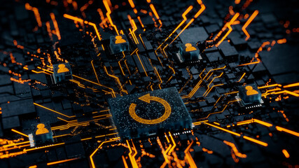 Reload Technology Concept with refresh symbol on a Microchip. Orange Neon Data flows between Users and the CPU across a Futuristic Motherboard. 3D render.