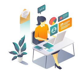Poster - Woman working at desk with laptop and data bubble