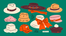 Set Of Various Hats For Different Seasons. Different Colors And Styles. Elegant Broad Brimmed Hat, Fedora, Panama, Gaucho, Cap, Beret. Fashion Headwear Concept. Hand Drawn Trendy Vector Illustration