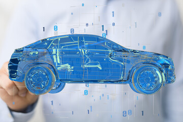 Poster - Electric car icon from lines, triangles and particle style