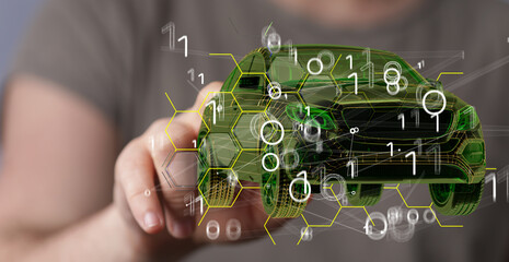 Poster - Man holding and touching holographic smart car