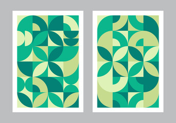 Wall Mural - abstract geometric pattern background. bauhaus art style. circle, semicircle, square shapes. green c